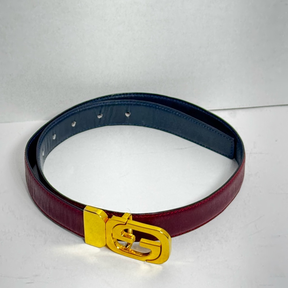 Gucci ITALY Reversible Leather Belt G Buckle Burgundy/Blue Vintage 70’s womens